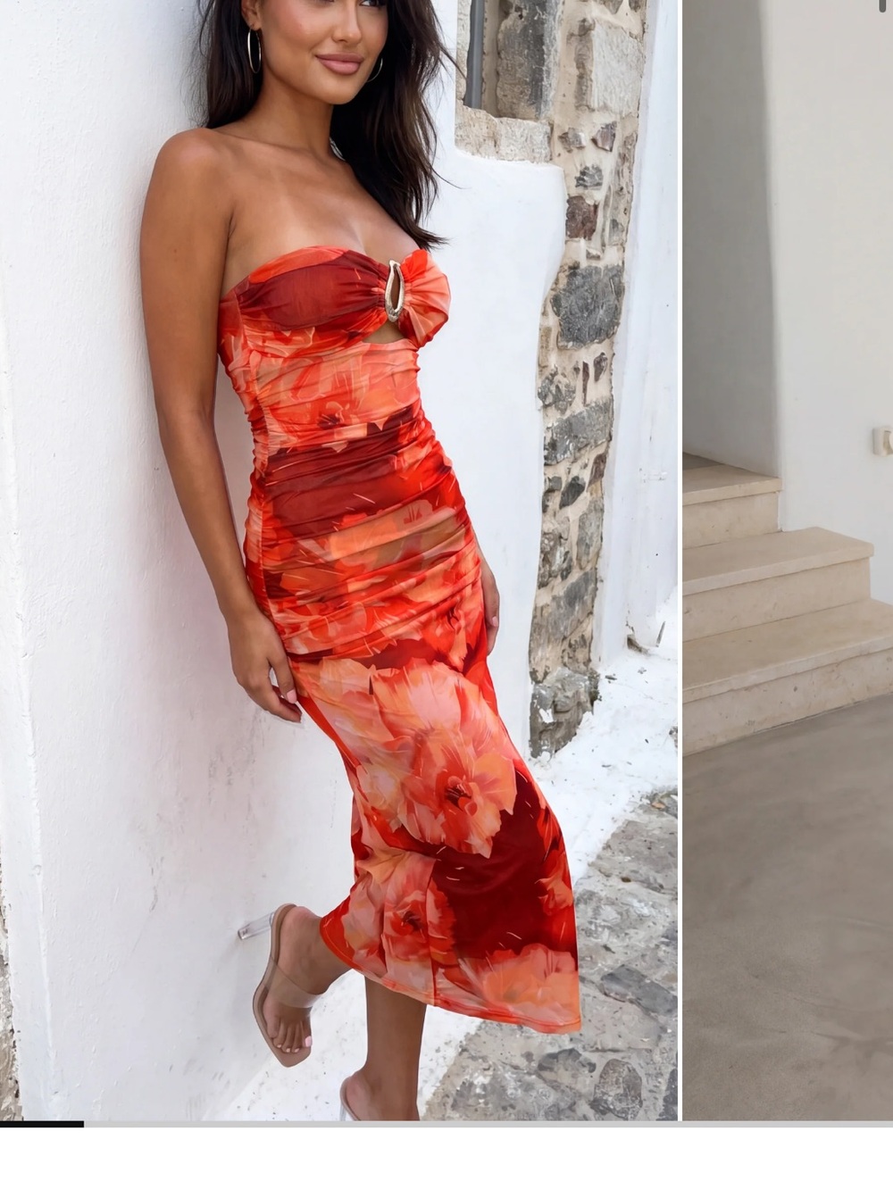 Strapless Red Floral Ruched Midi Dress